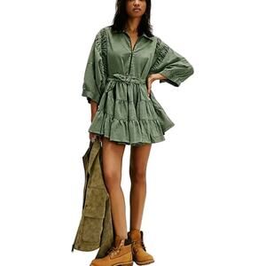 Free People Hampton Belted Mini Dress Crystal Kelp Cotton Size Medium NWOT Chic